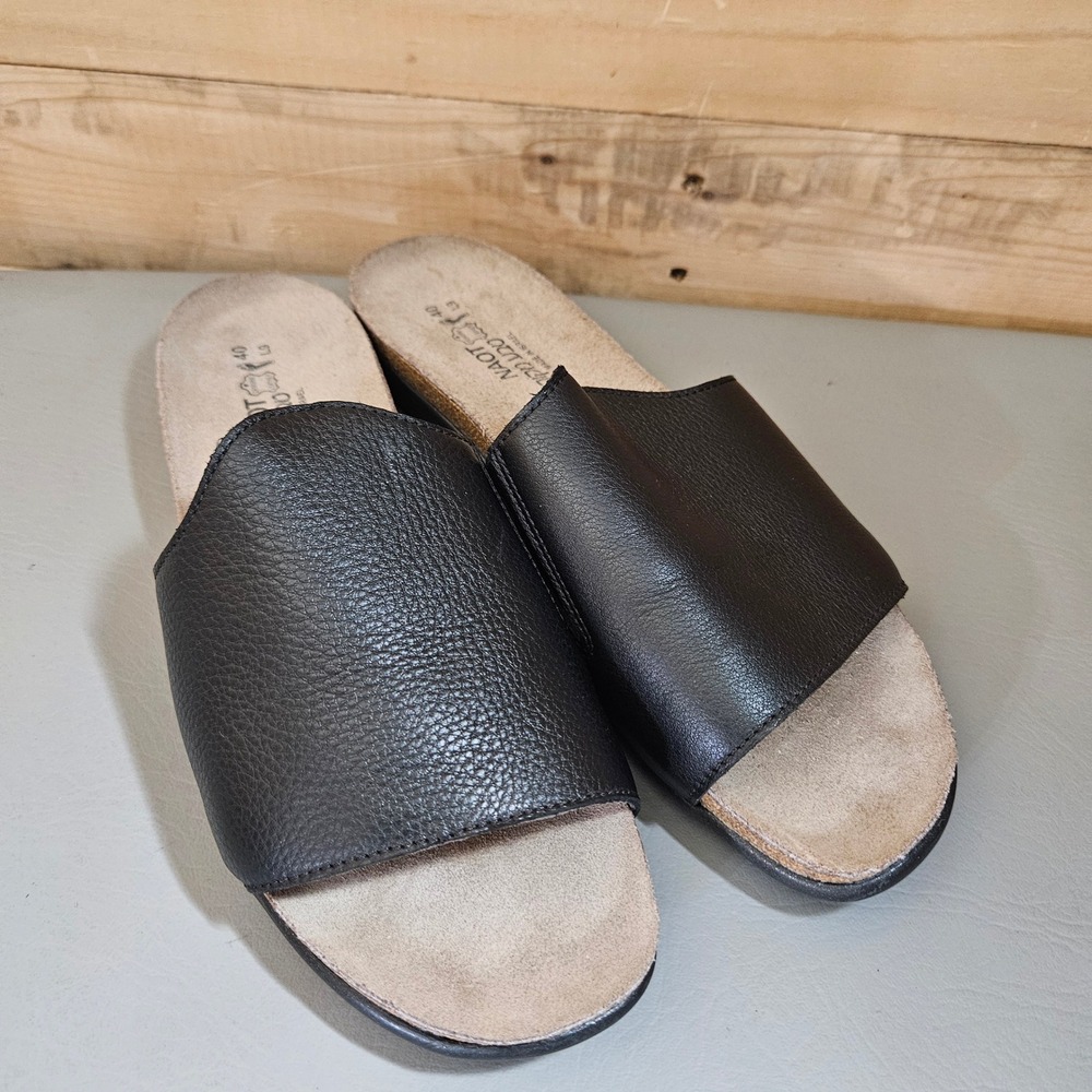 Naot Black Leather Slide Sandals Skylar Womens 40 L9 Made in Israel Cork Shoes